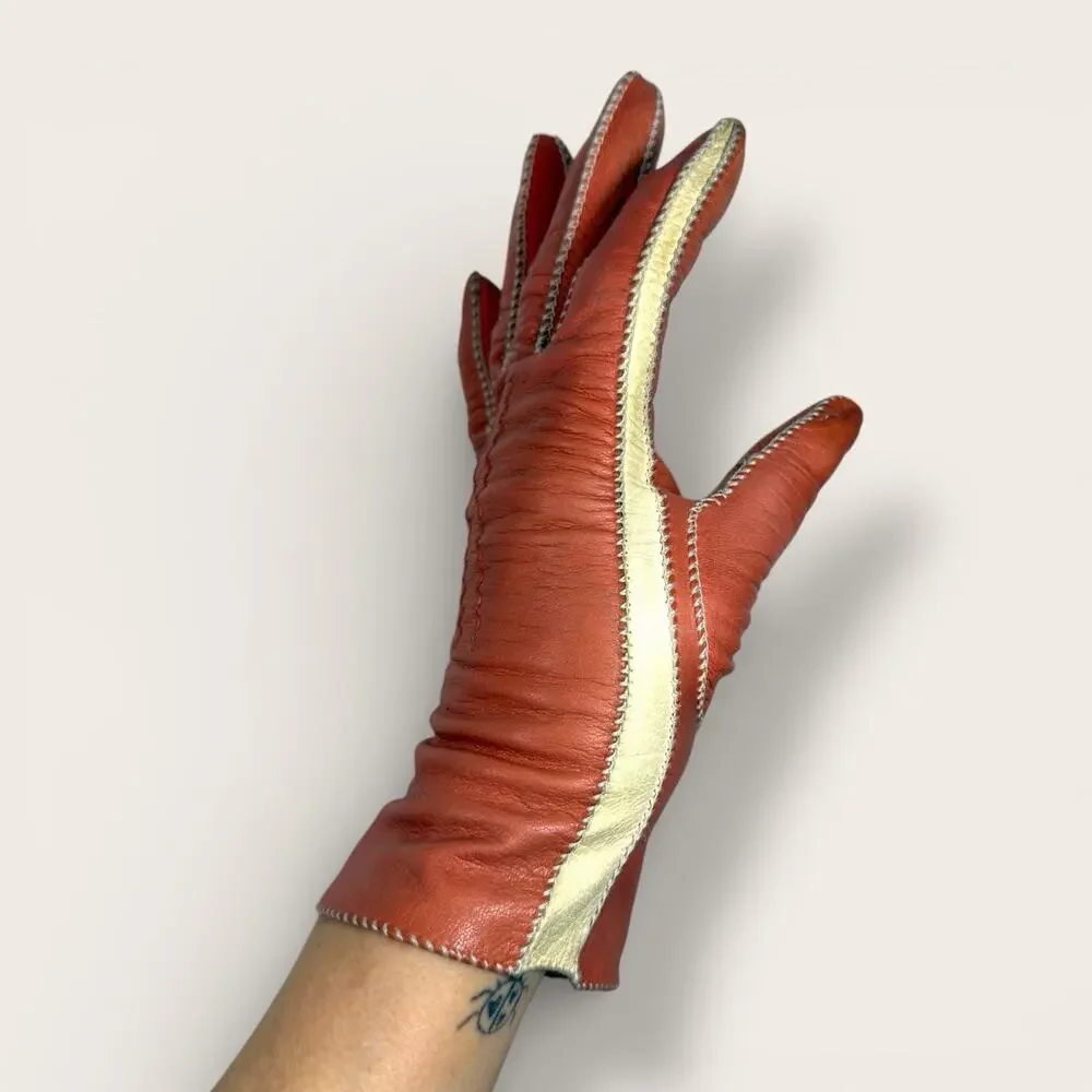 Vintage Kin Kid Leather Colorblock Gloves Ivory Orange Tablecut Size 6.5 1950s